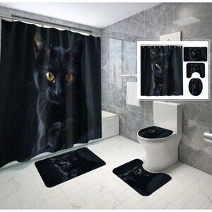 4-pcs. Black Cat Shower Curtain Set